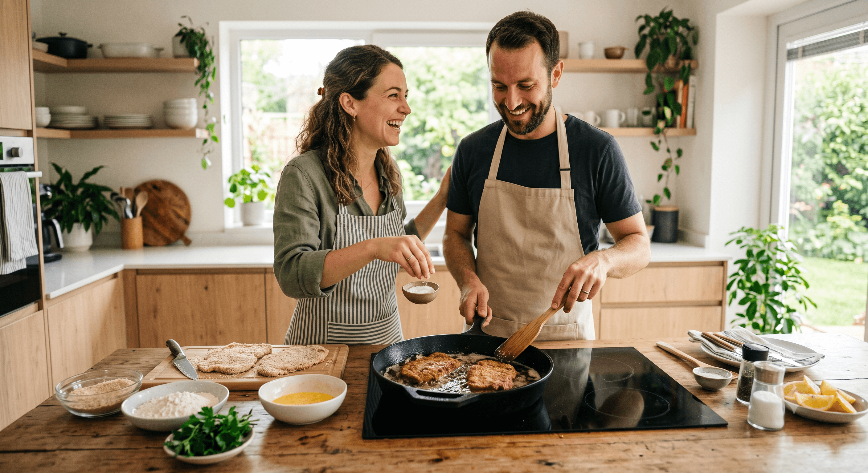 Pareja cocinando milanesas en casa